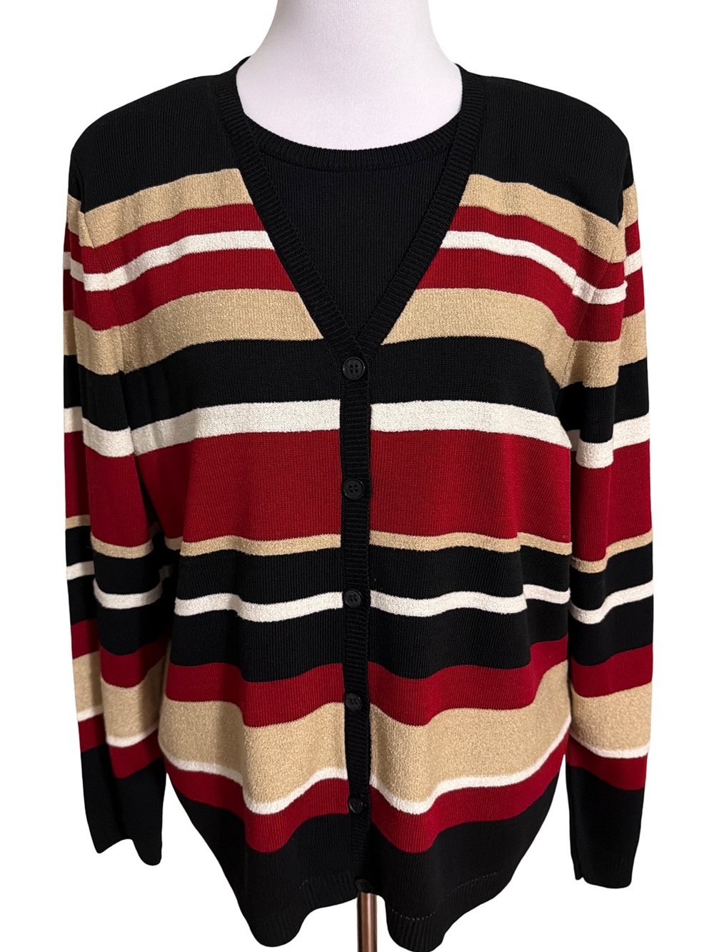 Alfred Dunner Black, Red, Tan & White Striped V-Neck Button Cardigan